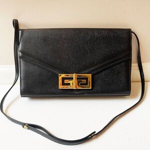 Vintage GIVENCHY Black Leather Shoulder Flap Bag Crossbody Gold Hardware 1980
